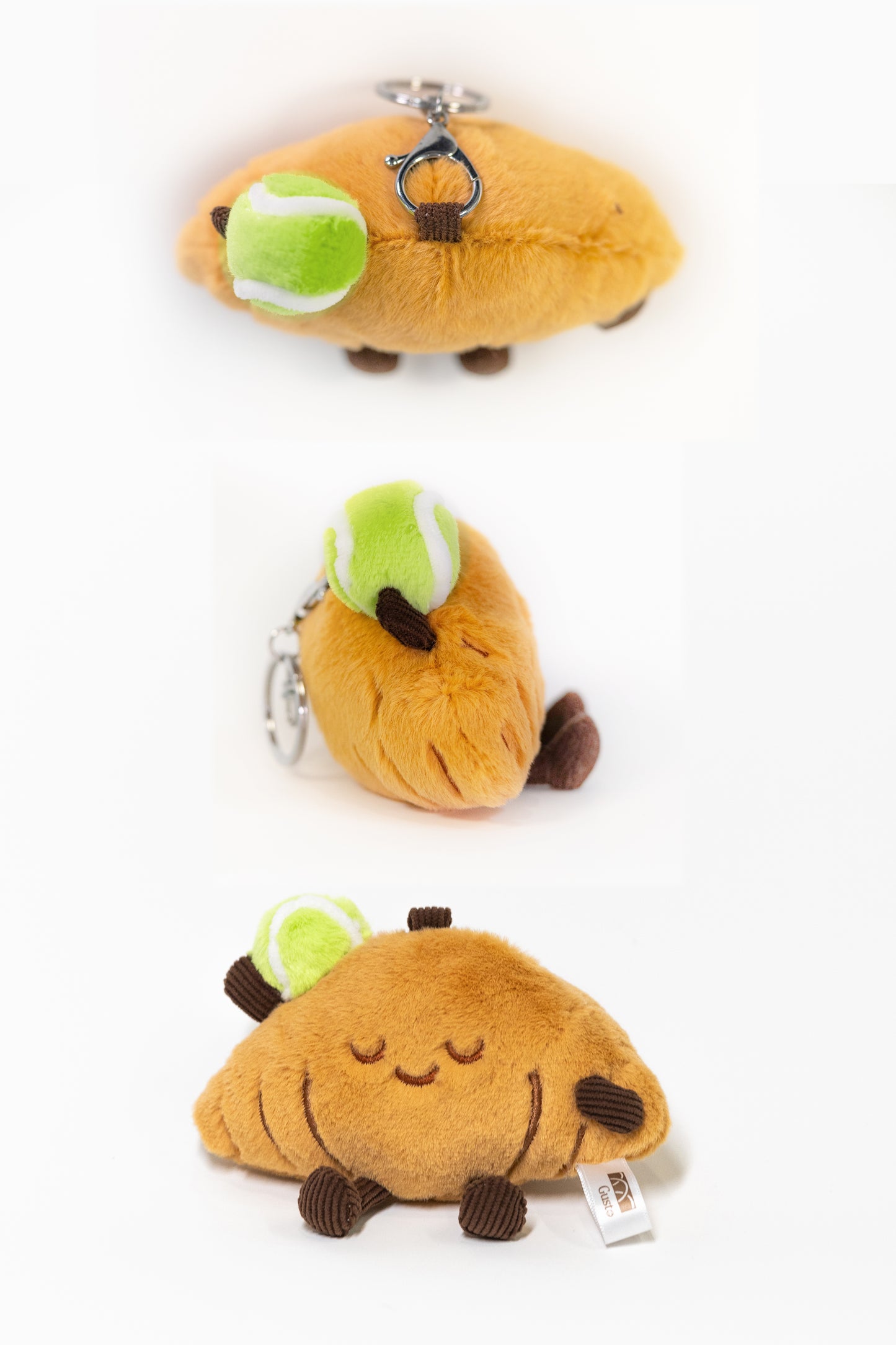 Three product views of croissant plush tennis toy – front, top, and side angles