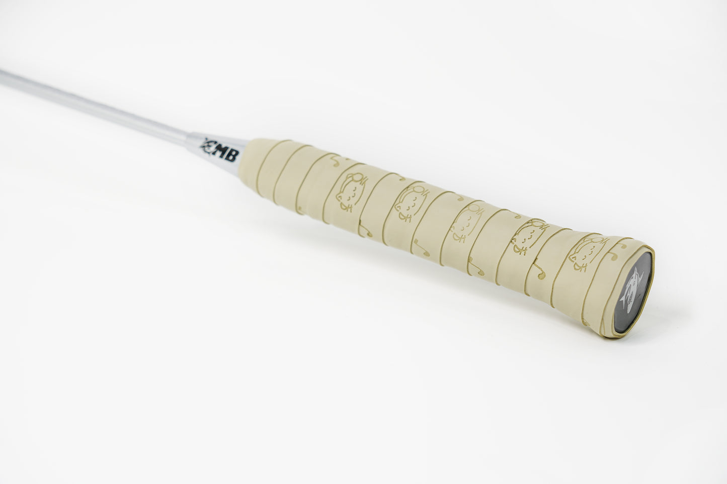 Unique light olive racket overgrip featuring cat and music note print, wrapped on handle.