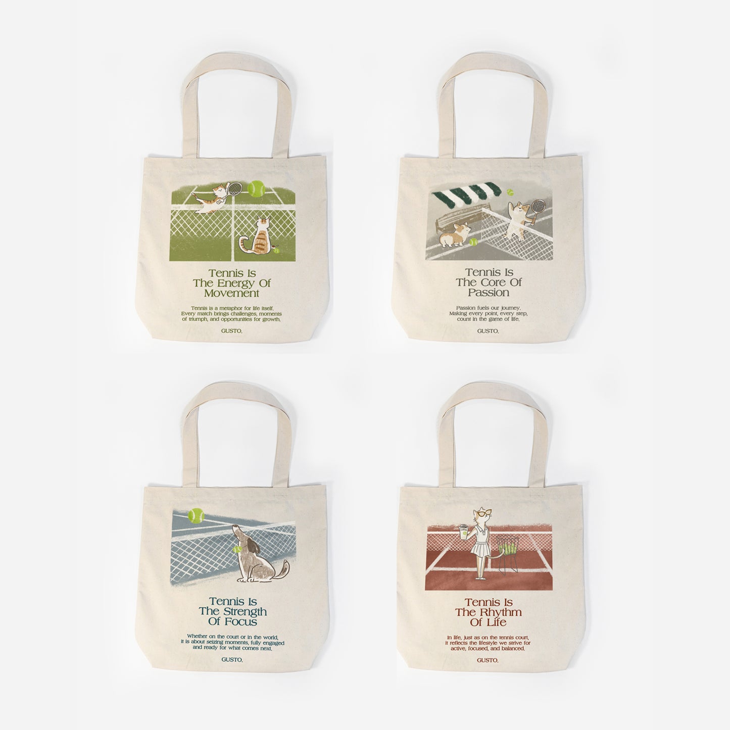 Front view of all four tennis canvas tote bag designs – cats, corgis, stylish cat, and dog