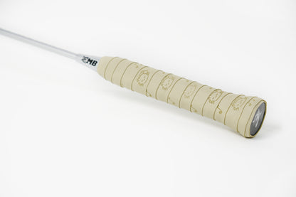 Unique light olive racket overgrip featuring cat and music note print, wrapped on handle.